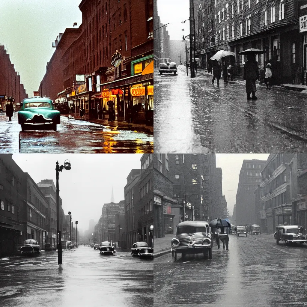 Prompt: photograph of a harlem street in the 1 9 5 0 s in a rainy day