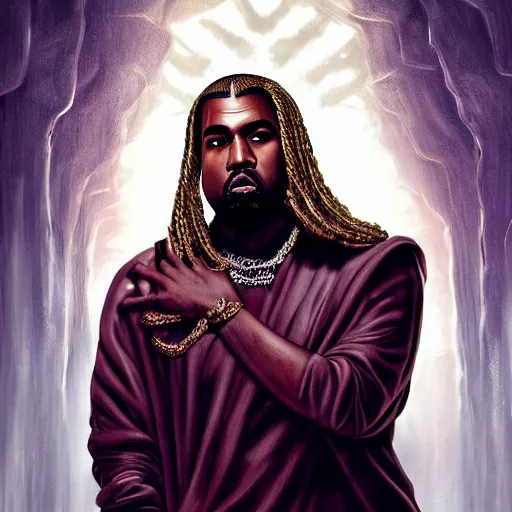 Image similar to Portrait of Kanye West as the god-emperor of mankind, amazing splashscreen artwork, splash art, natural light, elegant, intricate, fantasy, atmospheric lighting, cinematic, matte painting