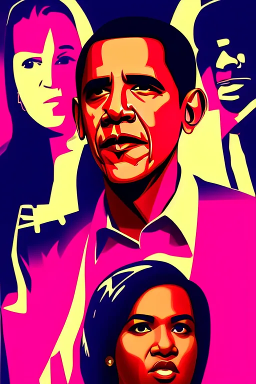 Image similar to obama and his daughter, gta vice city style art, pop art, no duplicate image, glowing lights, ultra details, digital painting, artstation, concept art, smooth, sharp focus, illustration, intecrate details, art by richard hamilton and mimmo rottela, pixels art by kirokaze and paul robertson