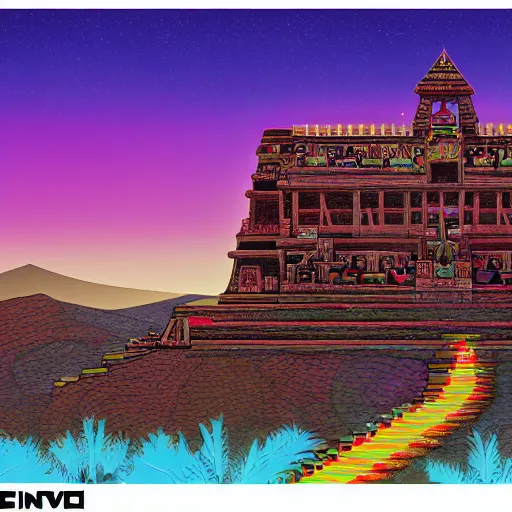 Image similar to ancient peruvian structure, retrowave epic art, trending on art station