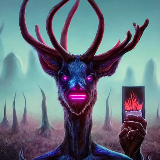 Image similar to 4 k headshot portrait of a psychedelic demonic anthropomorphic deer - horned wendigo smoking a hand - rolled cigarette smoking heavily, magic mushroom village in background. award winning. superb resolution. in the art style of junji ito and greg rutkowski. detailed mushroom city in background. hyper realistic anime. perfect art. dalle 2