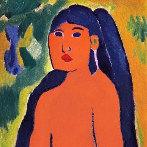 Prompt: painting of, young native american woman, full clothes on, in a jungle, by alexej von jawlensky