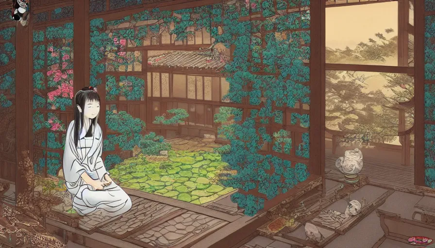 Image similar to eizin suzuki style digital painting of a beautiful girl in japan, looking out a window at a temple garden filled with yokai and spirits, uhd, high detail,