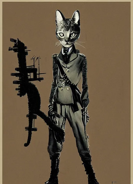 Image similar to a dieselpunk character portrait of an anthropomorphic cat soldier, a 3 d render of an anthropomorphic cat soldier, by stephen gammell, by jack gaughan, by george ault, by victo ngai