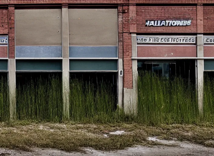 Prompt: an abandoned hardware store, grass growing on building, 8K, award winning photograph