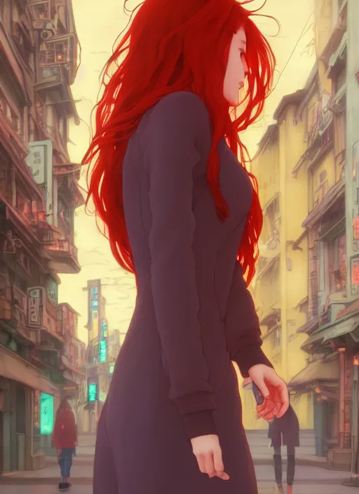 Image similar to beautiful young woman with long red hair walking down city street at night, path traced, highly detailed, high quality, digital painting, by studio ghibli and alphonse mucha, leesha hannigan, makoto shinkai, disney