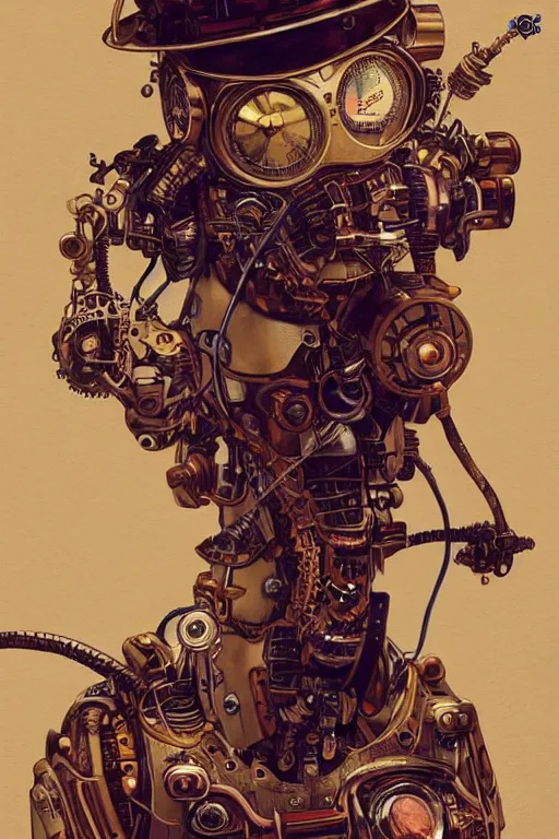 Prompt: a portrait of a steampunk robot, realistic, artstation, illustration by silvio camboni, yoshitaka amano, katsuhiro otomo, victo ngai, james gurney, brom, jeffrey jones, steampunk concept art, alphonse mucha