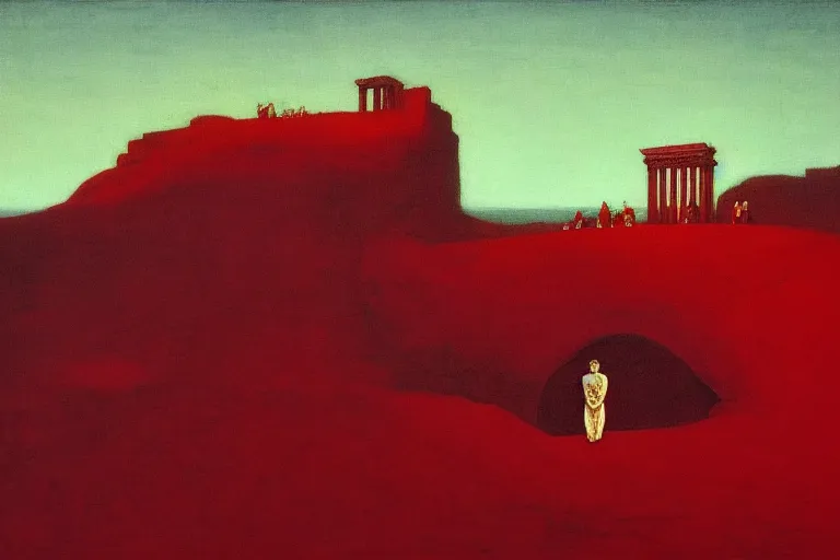 Image similar to only with red, a red great emperor, taormina amphitheatre, expressive crowd hails him, in the style of beksinski, parts by edward hopper, parts by rodcenko, parts by yue minjun, intricate and epic composition, red by caravaggio, insanely quality, highly detailed, masterpiece, red light, artstation, 4 k