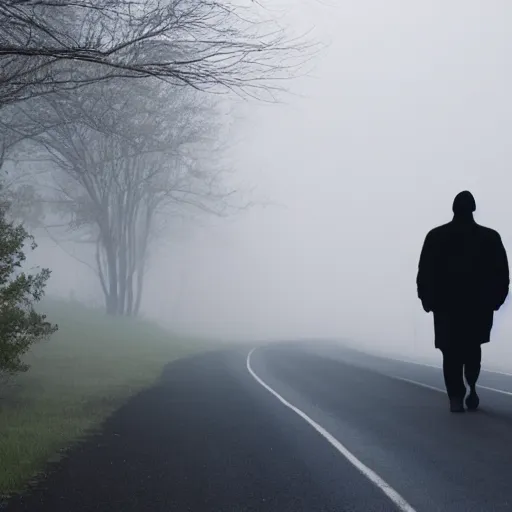 Prompt: mist, there\'s a shadowy figure on the road, with glowing eyes