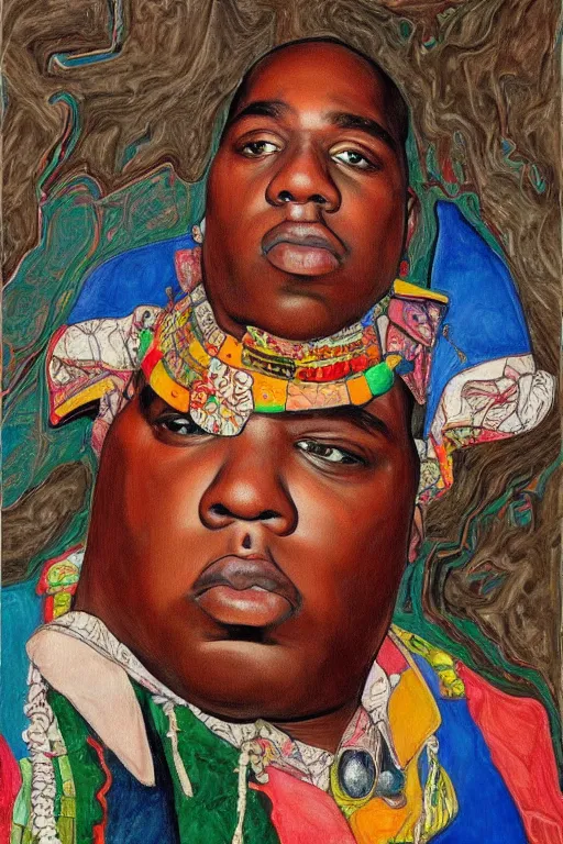 Image similar to a portrait of biggie smalls wearing boho - chic style clothes, full body!!, realistic painting in egon schiele style, masterpiece, hyperdetailed, complex, intricate, 4 k, trending on artstation