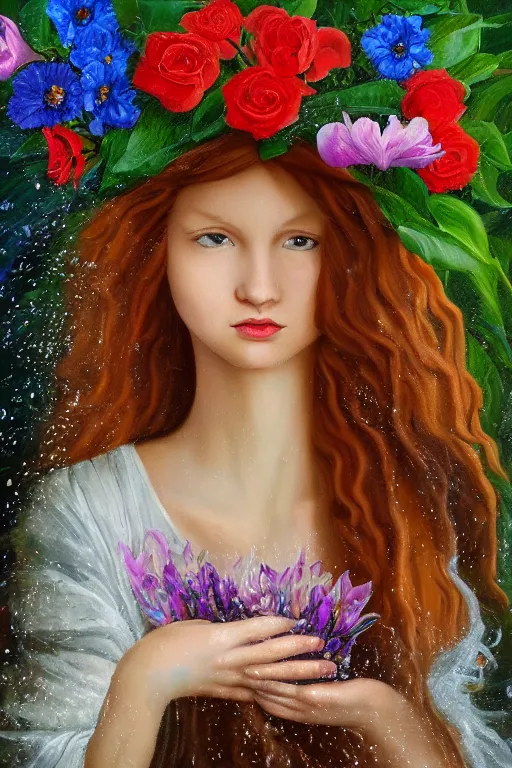 Prompt: oil painting, social realism, cave with waterfall, redheaded girl wearing hat of flowers and dress of fresh flowers, decorated with flowers, roses, lilies, chrysanthemums, irises, water drops, water jets, overhead light, botticelli style 4 k, 8 k