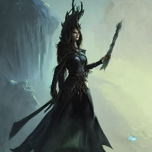 Image similar to A portrait of a female elven druid shaman wearing black leather armor, Magic the Gathering art, art by greg rutkowski, matte painting, trending on artstation, very detailed