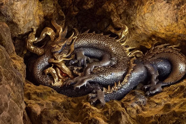 Prompt: a sleeping dragon on a mountain of treasure in a big cavern