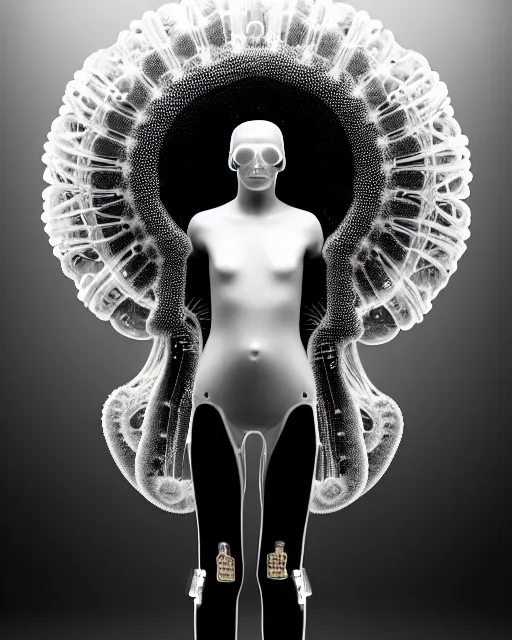 Image similar to black and white young cyborg-human-jellyfish-plant goddess high quality photo, microchip, artificial intelligence, bio-mechanical bio-luminescence, black wired cables, neurons, nerve cells, octane render, cinematic, rim light, hyper realism, photo-realistic, high detail, 8k, masterpiece, high fashion, in the style of Steven Meisel and Dora Maar and H.G. Giger