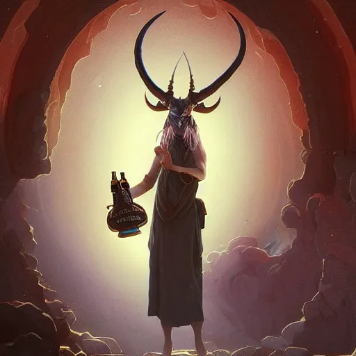 Image similar to highly detailed painting of baphomet drinking beer, unreal engine, fantasy art by greg rutkowski, loish, rhads, ferdinand knab, makoto shinkai and lois van baarle, ilya kuvshinov, rossdraws, tom bagshaw, alphonse mucha, global illumination, radiant light, detailed and intricate environment