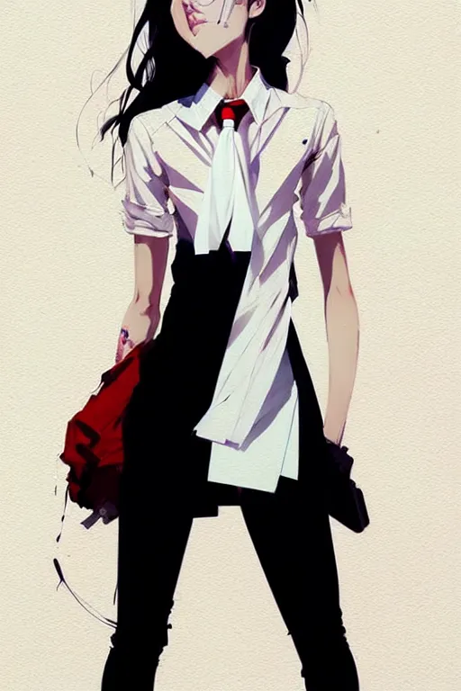 Image similar to a ultradetailed full body portrait of a woman dressed in a white shirt with a tie, by conrad roset, greg rutkowski and makoto shinkai trending on artstation