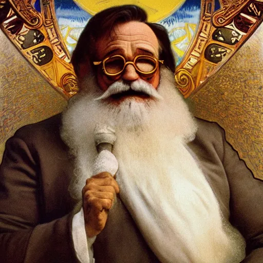 Image similar to a detailed portrait of robin williams as santa ana at the alamo, long twirling moustache, by alphonse mucha and albert bierstadt and thomas moran and charles russel, god rays, intricate detail, cinematic, 8 k, featured on artstation, pixiv