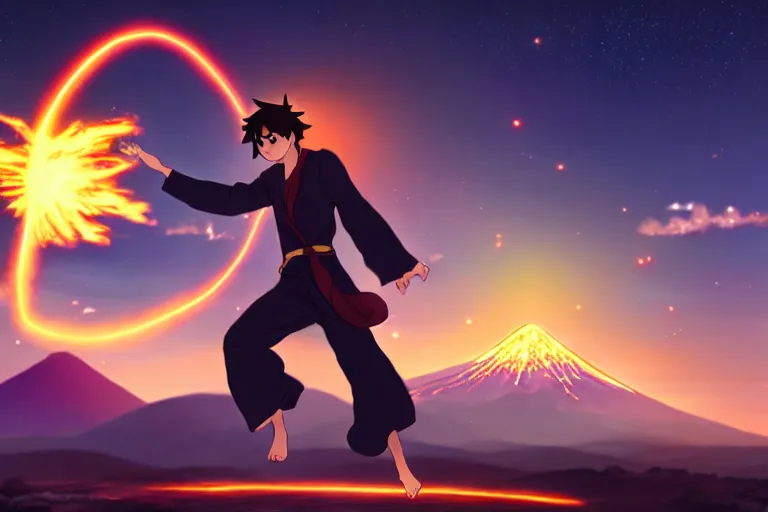 Prompt: levitating sorcerer, opening a shining portal, night sky, horizon of an erupting volcano, in the style of makoto shinkai