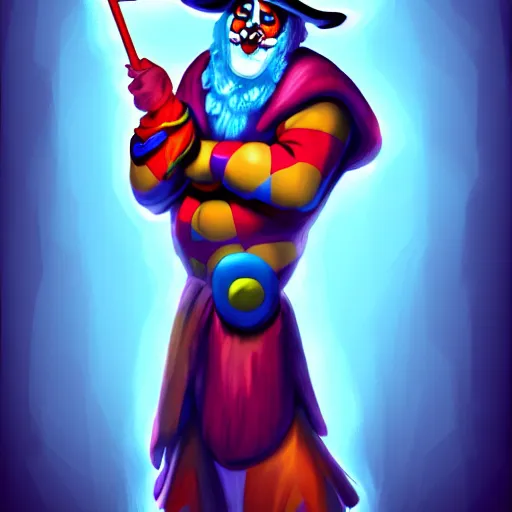 Image similar to buff wizard clown, digital painting, digital art, artstation, devian art, 4 k, hd