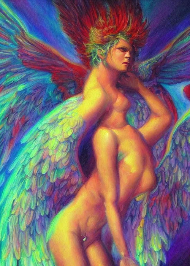 Prompt: Lucifer of the lunar mythos mercurial oil painting angel mist, award winning oil painting, chromatic aberration polychromatic color palette