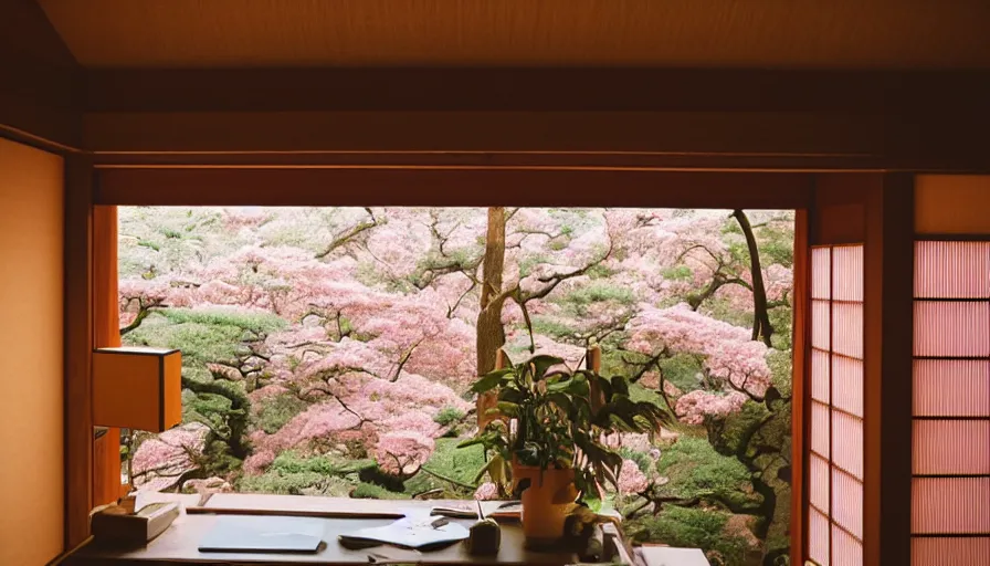 Prompt: 1 9 9 0 s candid 3 5 mm photo of a beautiful day in the a dreamy japanese flowery cottage designed by gucci, cinematic lighting, cinematic look, golden hour, a desk for flower arrangements and journaling has sun shinning on it through a window, temple in the distance, uhd