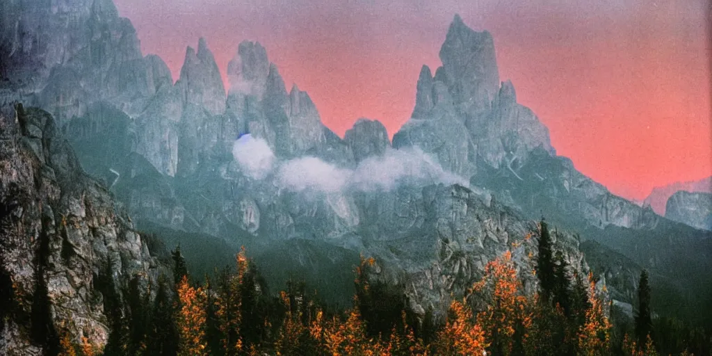 Prompt: 1 9 2 0 s color spirit photography 9 1 1 1 2 1 of alpine red sunrise in the dolomites, small man watching, green lush forest, smoke from mountains, roots, by william hope, beautiful, dreamy, grainy