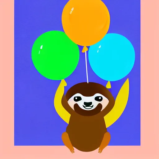 Image similar to book illustration of a sloth holding balloons, book illustration, colorful, white background, colorful image