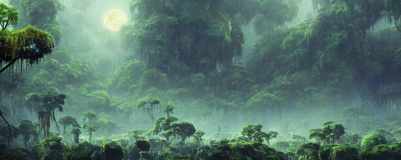 Image similar to ” outer planet with misty jungle, [ moist, wet, lush, cinematic, detailed, epic, widescreen, opening, establishing, mattepainting, photorealistic, realistic textures, octane render, art by paul lehr ] ”