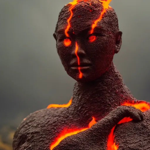 Image similar to beautiful lava human figure, exotic trees, bare bark, dark eyes, low angle mist, high octane, frostbite, 8 k, cinematic, 3 5 mm