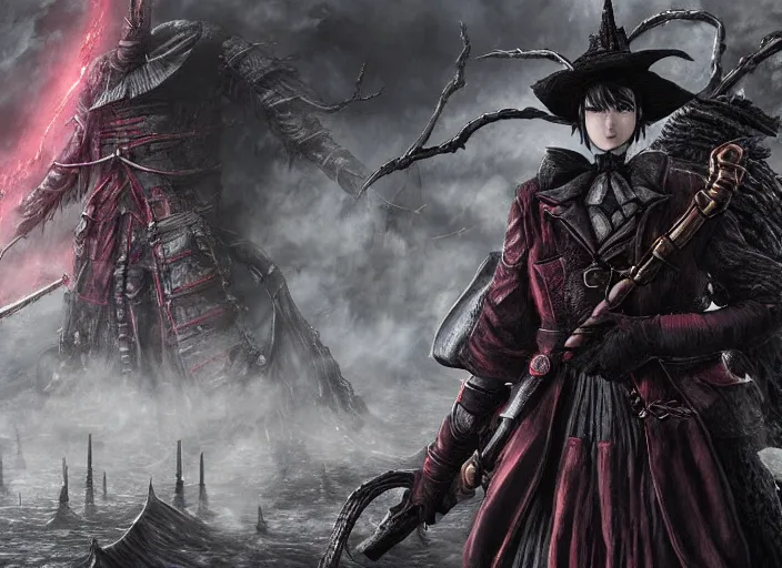 Image similar to misato katsuragi as a boss in bloodborne, dark souls boss, eldritch imagery, evil creature, epic battle, dangerous cinematic, concept art, gothic, highly detailed