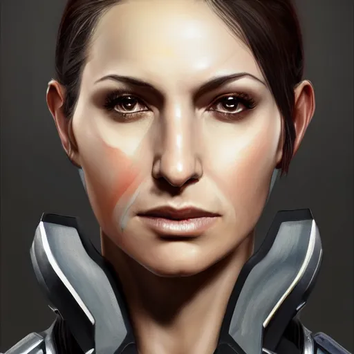 Prompt: portrait of a woman with a large obvious scar across her cheek from ear to lips, wearing femshep mass effect armor, Alexandria's genesis, chin-length hair, bored, illustration, soft lighting, soft details, hyper realism, high detailed, painting oil on canvas by mark arian by artgerm, trending on artstation, 4k, 8k, HD