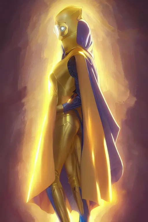 Image similar to anime key visual of a beautiful young female doctor fate!! intricate, cape, glowing, powers, dc comics, cinematic, stunning, highly detailed, digital painting, artstation, smooth, hard focus, illustration, art by artgerm and greg rutkowski and alphonse mucha