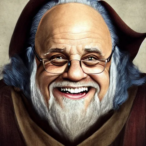 Prompt: portrait danny devito as gandalf, deviantart, smile, ultra realistic illustration, final fantasy