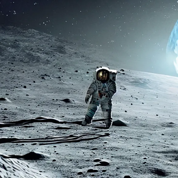 Prompt: dustin bates from starset band in sci fi uniform doing an epic cinematic pose on the moon, highly detailed, masterpiece