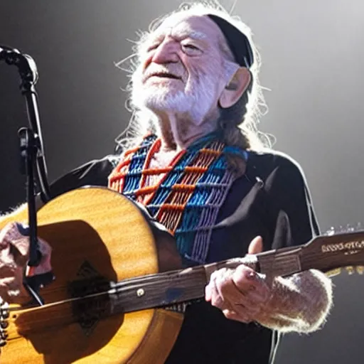 Image similar to willie nelson on stage, four fingers holding guitar. god rays through fog.