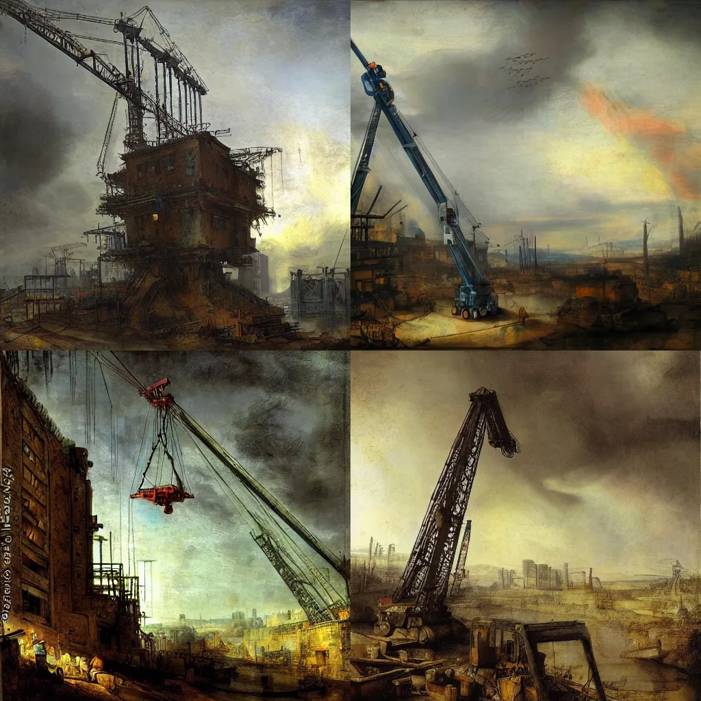 Prompt: a constuction crane in a postapocalyptic world painted by rembrandt