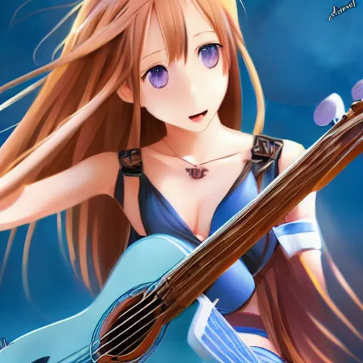 Prompt: a very beautiful young yuuki asuna playing guitar, full body, long wavy blond hair, sky blue eyes, full round face,, bikini, miniskirt, front view, mid - shot, highly detailed, cinematic wallpaper by stanley artgerm lau