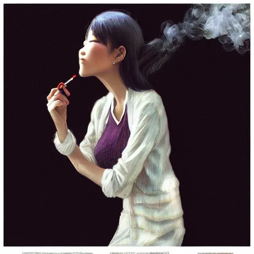 Prompt: woman smoking a cigarette by krenz cushart stu dts yoshiku wlop, white smoke, cinematic lighting, back lit, chromatic aberration, white smoke, trending on ArtStation Pixiv