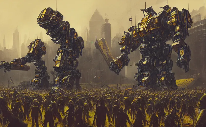 Image similar to an intricate matte painting of a giant armored plated metal mecha, crowd of people, by simon stalenhag, rust, yellow and black trim, trending on artstation, hdr, 8 k