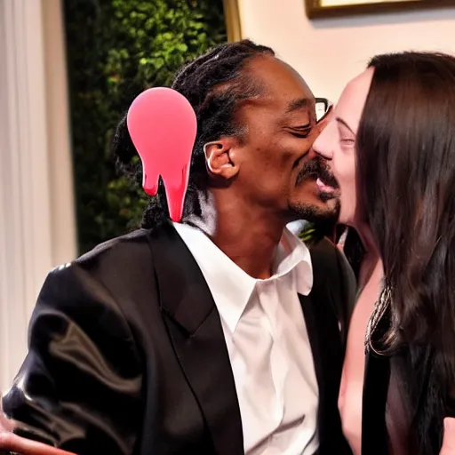 Image similar to snoop dogg french kissing elon musk with long tongue, in front of paparazzi, 8 k, photo,