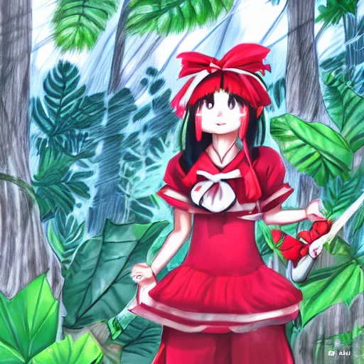 Image similar to a digital drawing of reimu in the jungle wearing bonnet