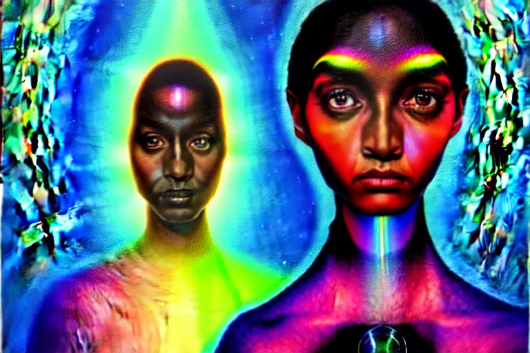 Image similar to patron saint of 🛸🌈👩🏾, futuristic iridescent clothing, wormhole, nebula, black hole, multiverse, neon god of city character portrait, in the style of margaret keane, moebius, tom bagshaw, and waterhouse, cinematic lighting, beautiful, elegant, oil painting,