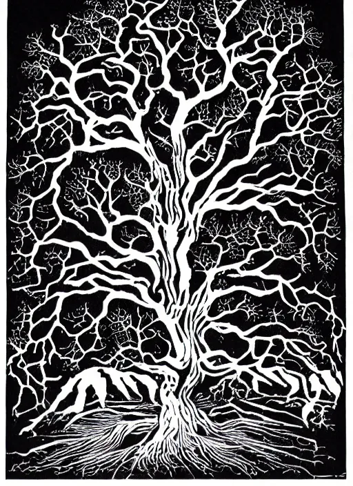 Prompt: gnarled tree of life on white background with white space around the tree, art by james o barr and albrecht durer, woodblock print, engraved, black and white, vector, vector art