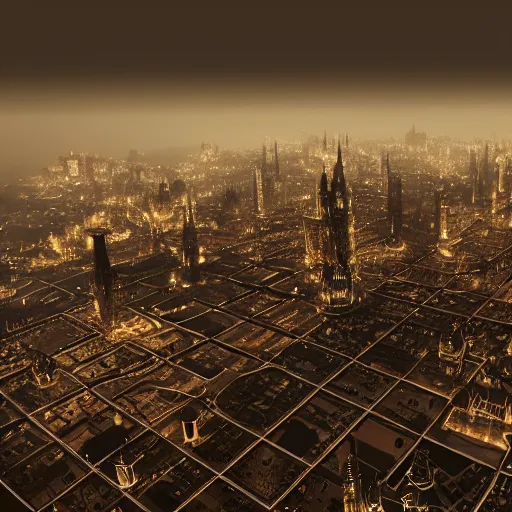 Prompt: victorian city top - down view, dark, misty, at night, 8 k, detailed, concept art, trending on artstation