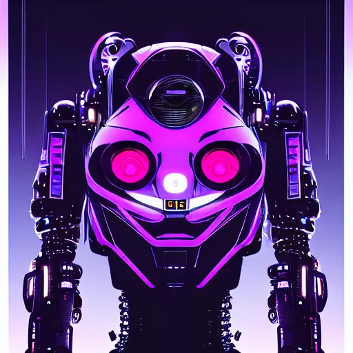 Image similar to Head of a robot with purple glowing eyes in cyberpunk neon Tokyo in style of Tsutomu Nihei. Cyberpunk, vertical symmetry, 8K, Highly Detailed, Intricate.