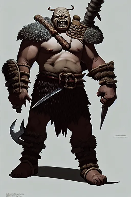 Image similar to orc barbarian wearing leather armor, full body shot, exquisite details, earth magic, mid view, design on a white background, by studio muti, greg rutkowski, makoto shinkai, takashi takeuchi, studio ghibli