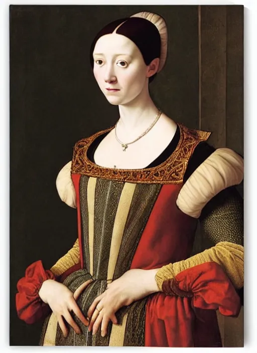 Prompt: portrait of young woman in renaissance dress and hennin, art by petrus christus,
