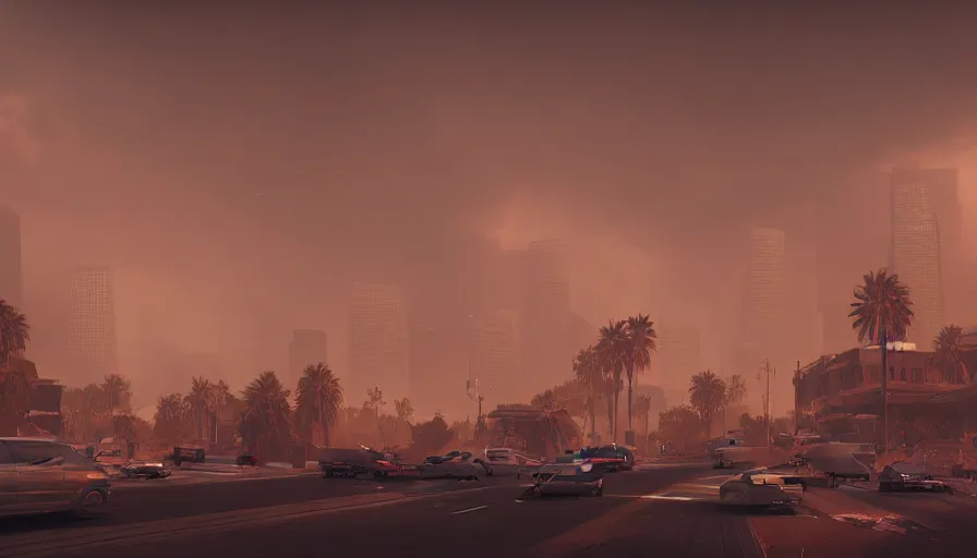 Image similar to Los Angeles under tons of sand during a huge sandstorm with people fleeing and cars on fire, ashes and smoke columns, hyperdetailed, artstation, cgsociety, 8k