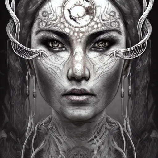 Image similar to Closeup of realistic asian Sumerian Death Goddess chalk skin etched with runic icons + mystical symbols, with small bleached bones covering vest and flowing electricity and smoke , fantasy, intricate, elegant, highly detailed, digital painting, artstation, concept art, matte, sharp focus, illustration, ghostbusters poster, art by Artgerm and peter mordenbacher