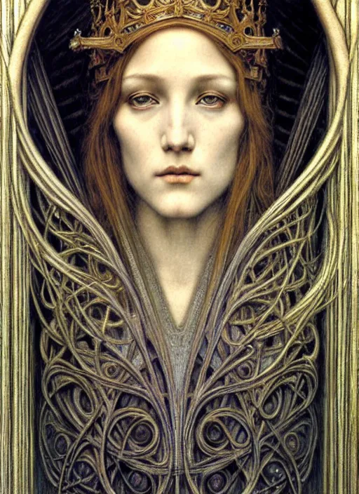 Image similar to detailed realistic beautiful young medieval queen face portrait by jean delville, gustave dore and marco mazzoni, art nouveau, symbolist, visionary, gothic, pre - raphaelite. horizontal symmetry